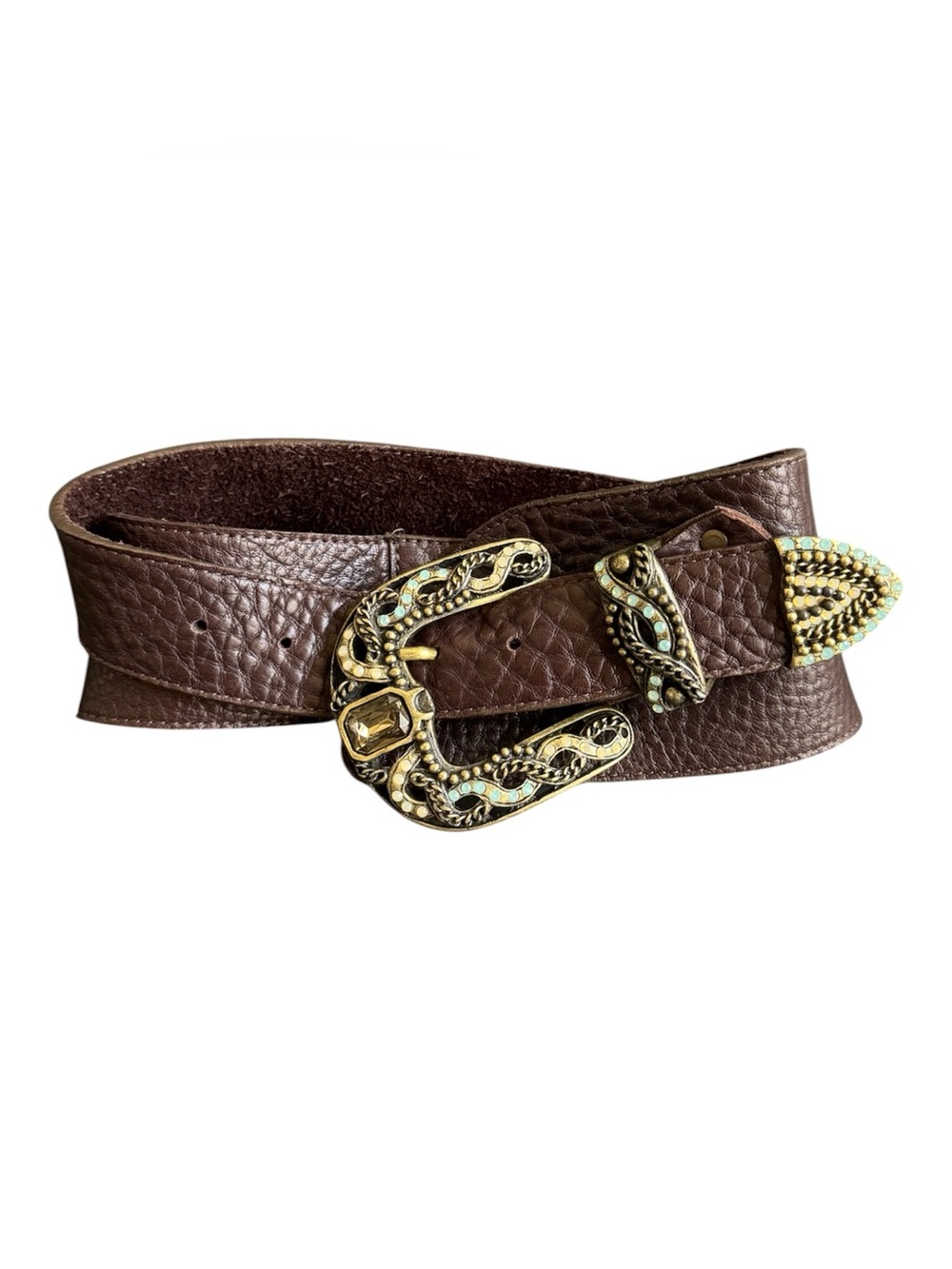 Leatherock Brown Leather Belt Rhinestone Ornate Turquoise Buckle Cowgirl‎ Large